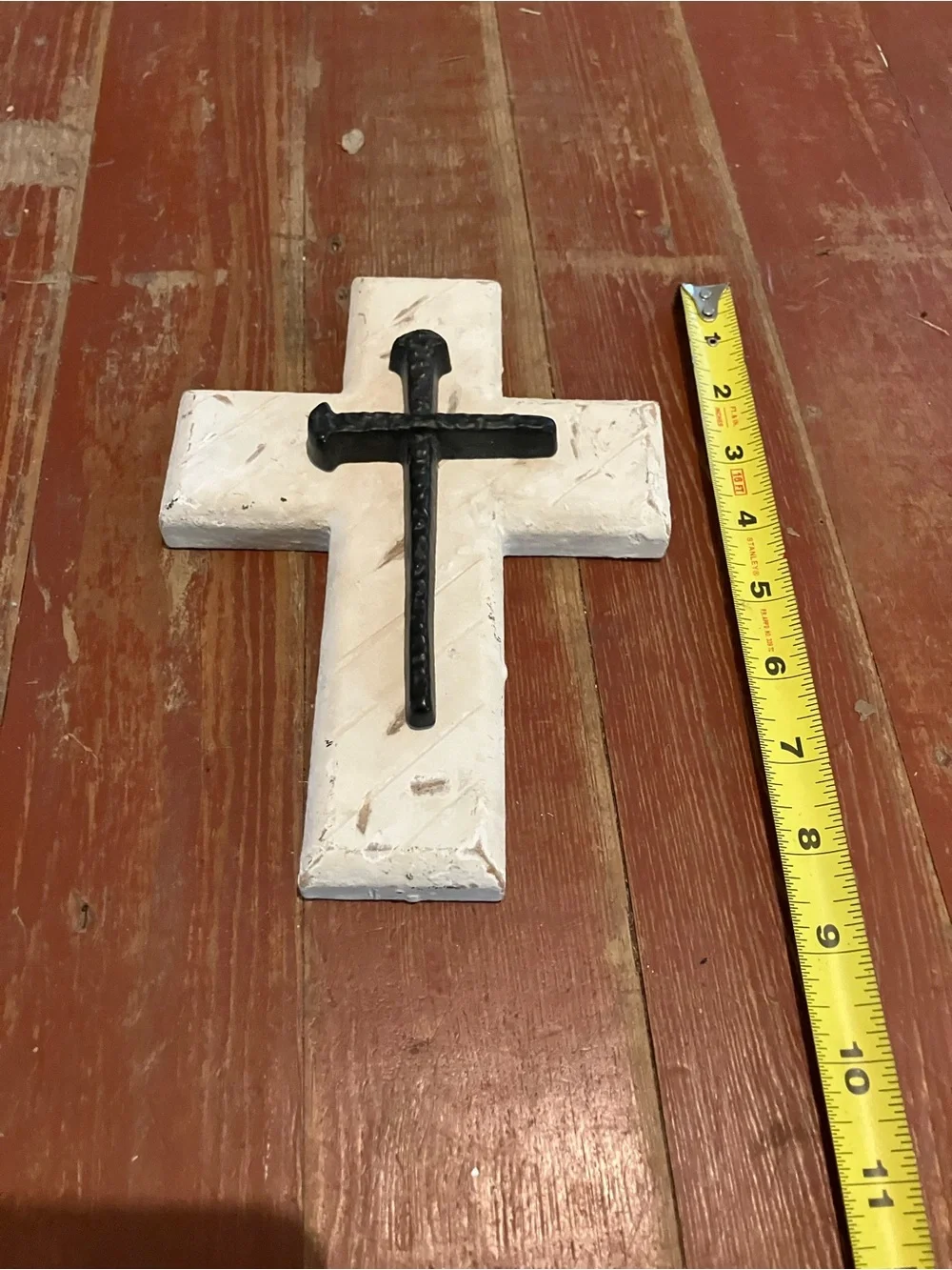 White Wooden Wall Cross with Black Metal Nail Accent
